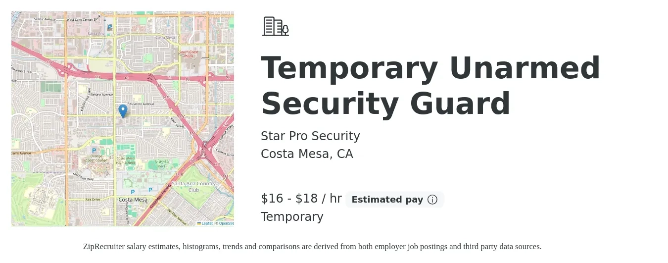 Star Pro Security job posting for a Temporary Unarmed Security Guard in Costa Mesa, CA with a salary of $17 to $19 Hourly with a map of Costa Mesa location.