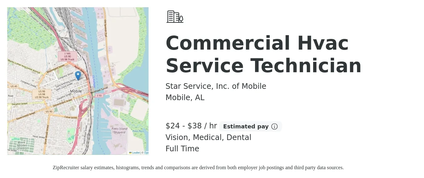 Star Service, Inc. of Mobile job posting for a Commercial Hvac Service Technician in Mobile, AL with a salary of $25 to $40 Hourly and benefits including retirement, vision, dental, life_insurance, and medical with a map of Mobile location.