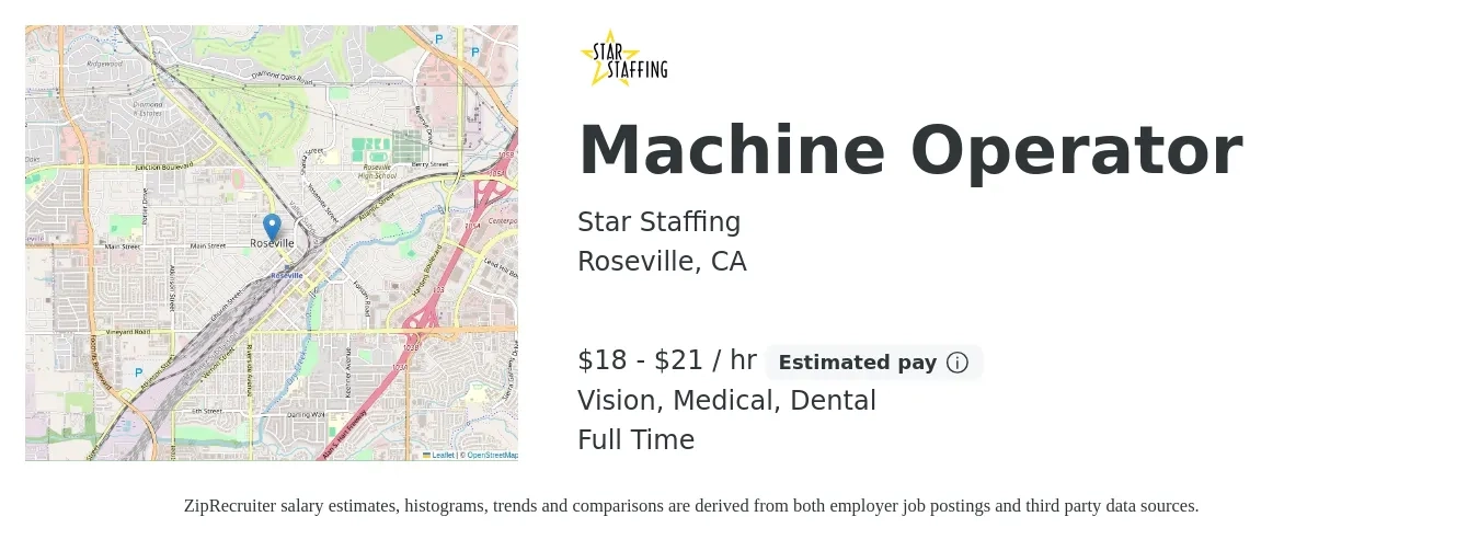 Star Staffing job posting for a Machine Operator in Roseville, CA with a salary of $19 to $22 Hourly and benefits including medical, vision, and dental with a map of Roseville location.