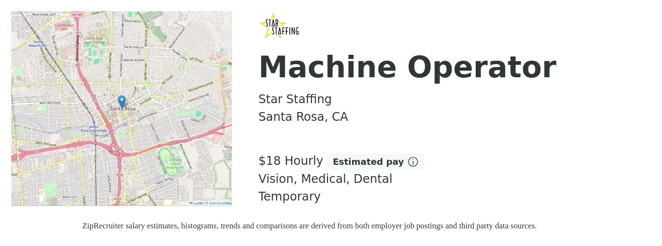 Star Staffing job posting for a Machine Operator in Santa Rosa, CA with a salary of $19 Hourly and benefits including dental, life_insurance, medical, retirement, and vision with a map of Santa Rosa location.