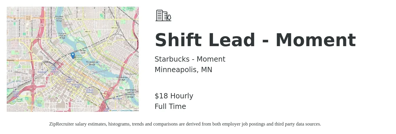 Starbucks - Moment job posting for a Shift Lead - Moment in Minneapolis, MN with a salary of $20 Hourly with a map of Minneapolis location.