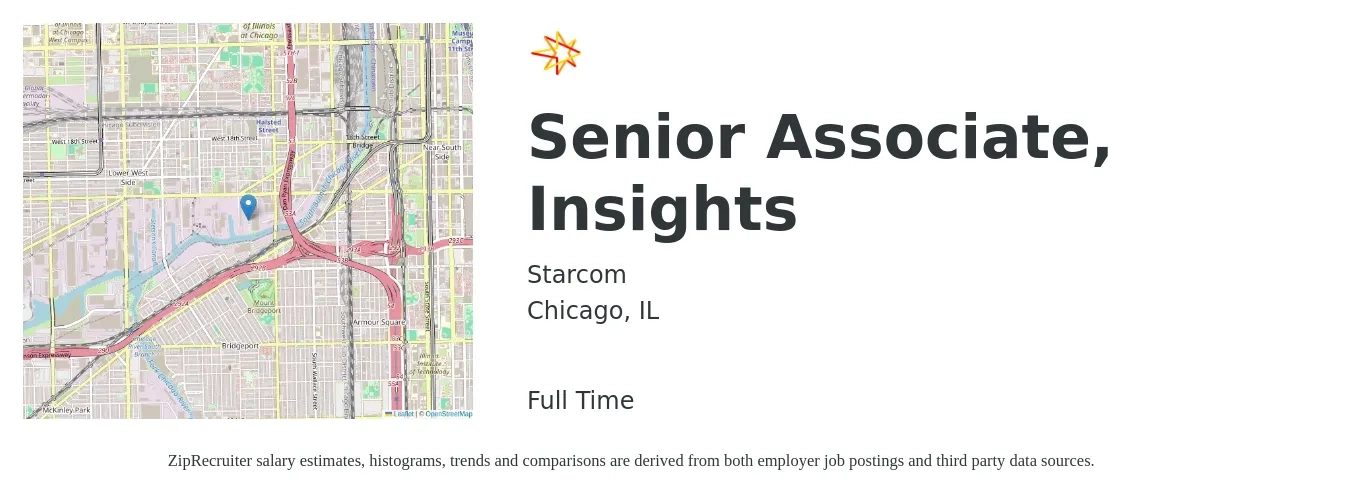 Starcom job posting for a Senior Associate, Insights in Chicago, IL with a salary of $41 to $54 Hourly with a map of Chicago location.