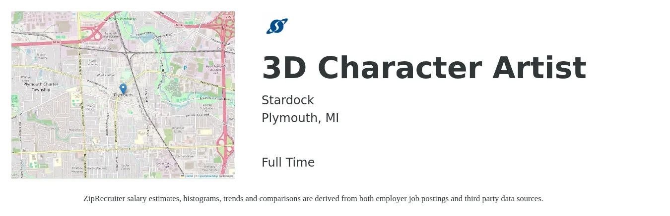 Stardock job posting for a 3D Character Artist in Plymouth, MI with a salary of $115,200 to $120,900 Yearly with a map of Plymouth location.