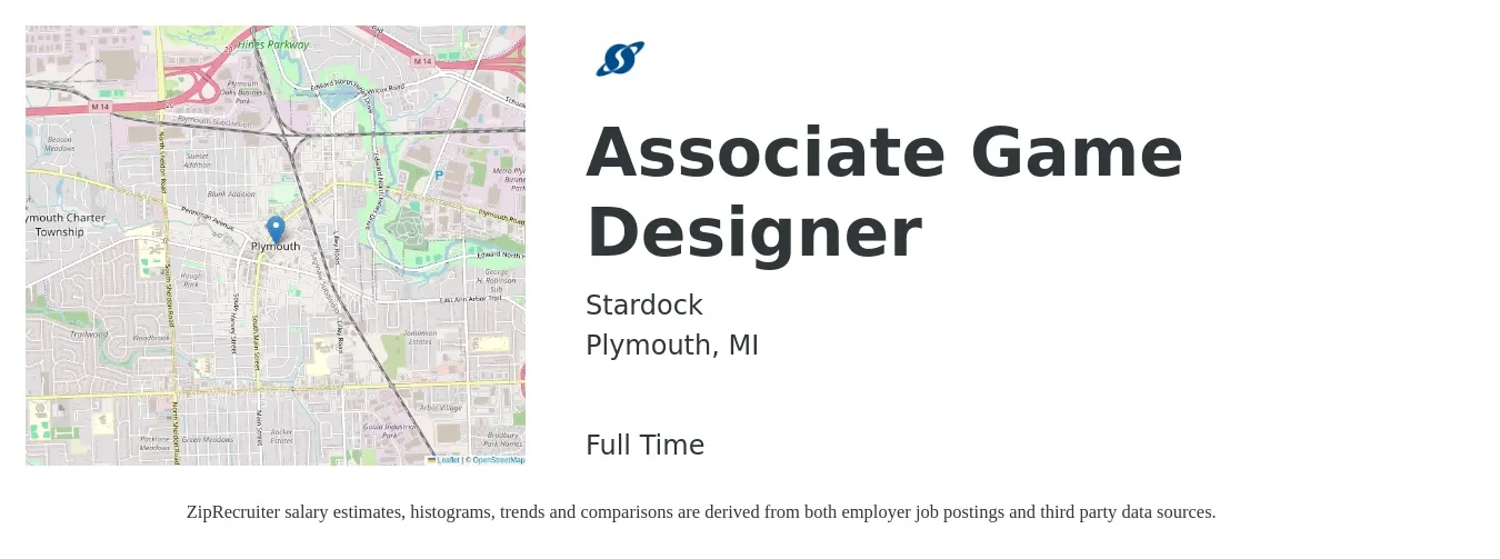 Stardock job posting for a Associate Game Designer in Plymouth, MI with a salary of $46,200 to $64,700 Yearly with a map of Plymouth location.