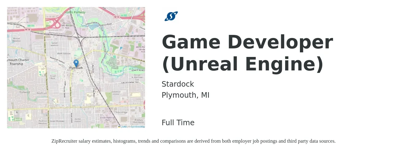 Stardock job posting for a Game Developer (Unreal Engine) in Plymouth, MI with a salary of $77,600 to $118,000 Yearly with a map of Plymouth location.