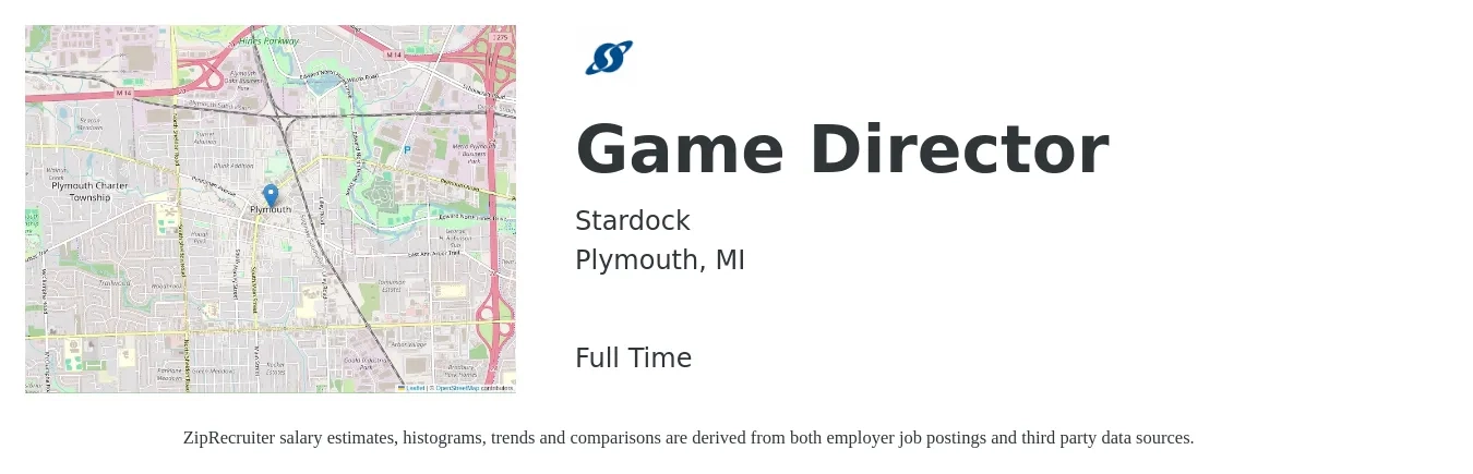 Stardock job posting for a Game Director in Plymouth, MI with a map of Plymouth location.