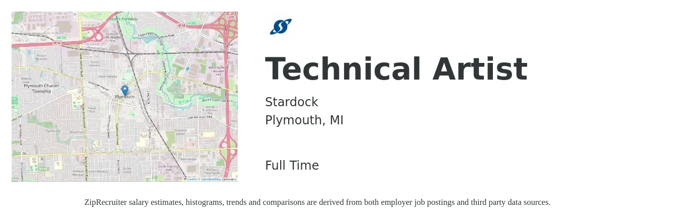 Stardock job posting for a Technical Artist in Plymouth, MI with a salary of $120,900 to $144,700 Yearly with a map of Plymouth location.