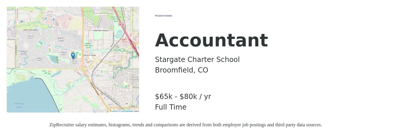 Stargate Charter School job posting for a Accountant in Broomfield, CO with a salary of $65,000 to $80,000 Yearly with a map of Broomfield location.