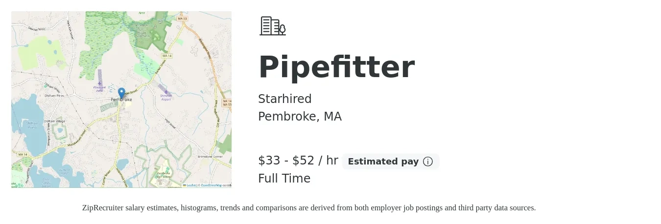 Starhired job posting for a Pipefitter in Pembroke, MA with a salary of $40 to $55 Hourly with a map of Pembroke location.