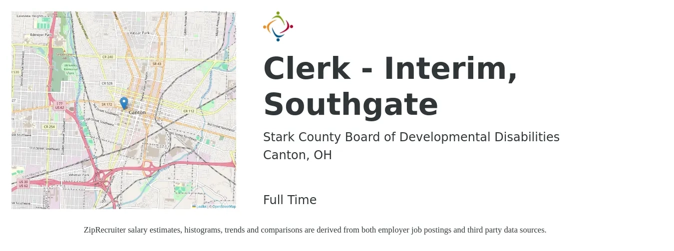Stark County Board of Developmental Disabilities job posting for a Clerk - Interim, Southgate in Canton, OH with a salary of $37,400 to $48,100 Yearly with a map of Canton location.