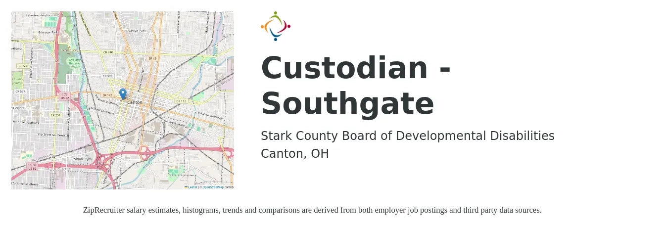 Stark County Board of Developmental Disabilities job posting for a Custodian - Southgate in Canton, OH with a salary of $13 to $17 Hourly with a map of Canton location.