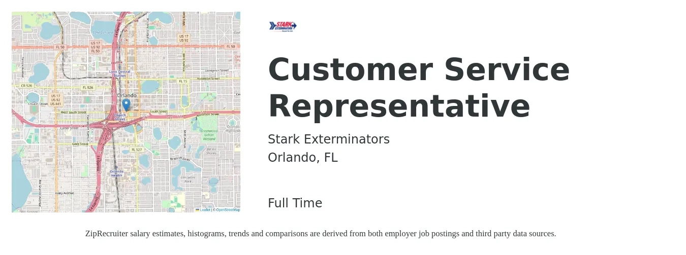 Stark Exterminators job posting for a Customer Service Representative in Orlando, FL with a salary of $33,000 to $38,000 Yearly with a map of Orlando location.