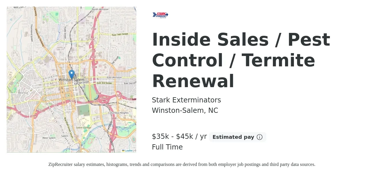 Stark Exterminators job posting for a Inside Sales / Pest Control / Termite Renewal in Winston-Salem, NC with a salary of $35,000 to $45,000 Yearly with a map of Winston-Salem location.