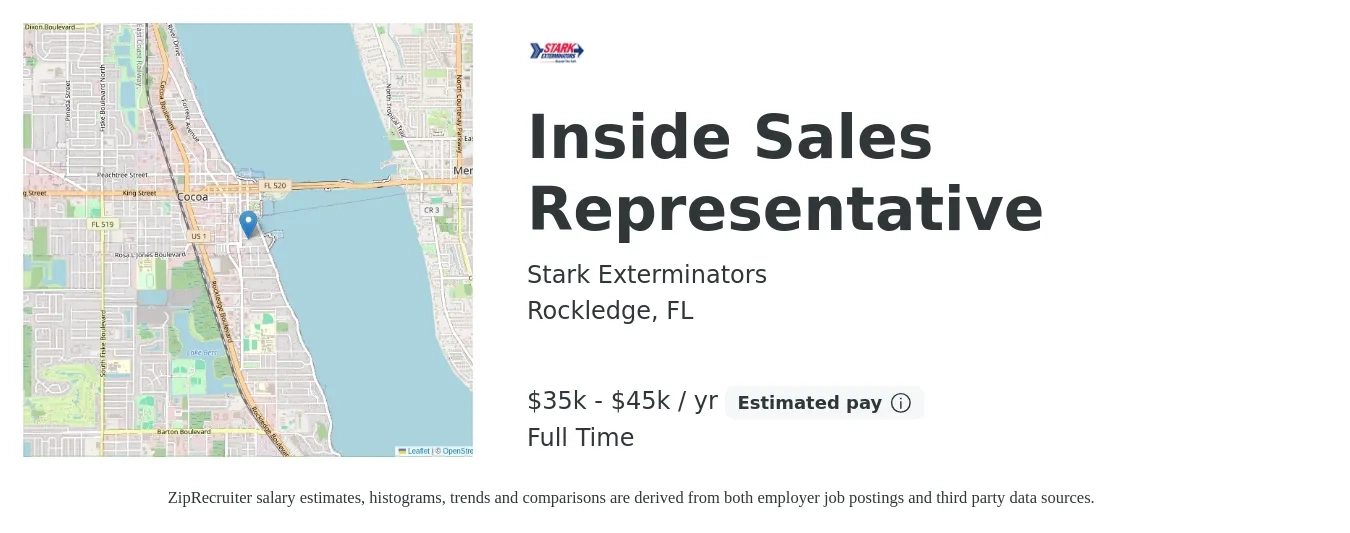 Stark Exterminators job posting for a Inside Sales Representative in Rockledge, FL with a salary of $35,000 to $45,000 Yearly with a map of Rockledge location.