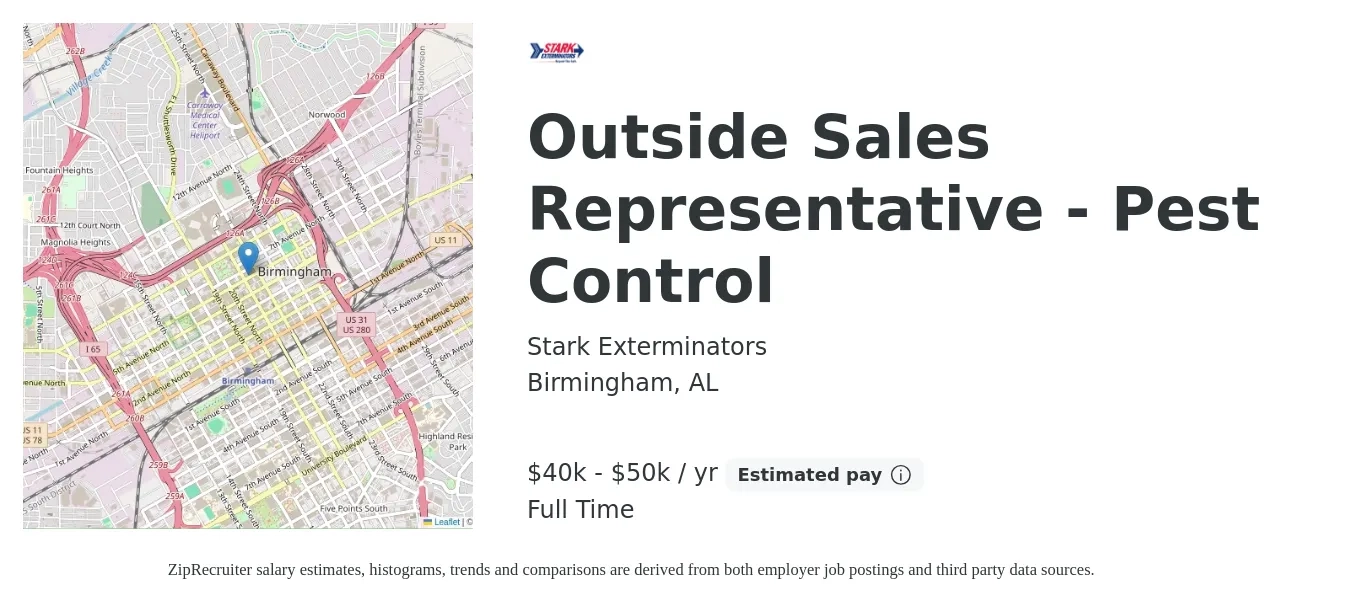 Stark Exterminators job posting for a Outside Sales Representative - Pest Control in Birmingham, AL with a salary of $40,000 to $50,000 Yearly with a map of Birmingham location.