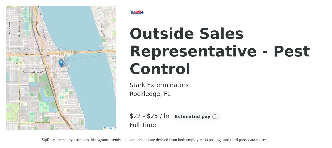 Stark Exterminators job posting for a Outside Sales Representative - Pest Control in Rockledge, FL with a salary of $48,000 to $55,000 Yearly with a map of Rockledge location.