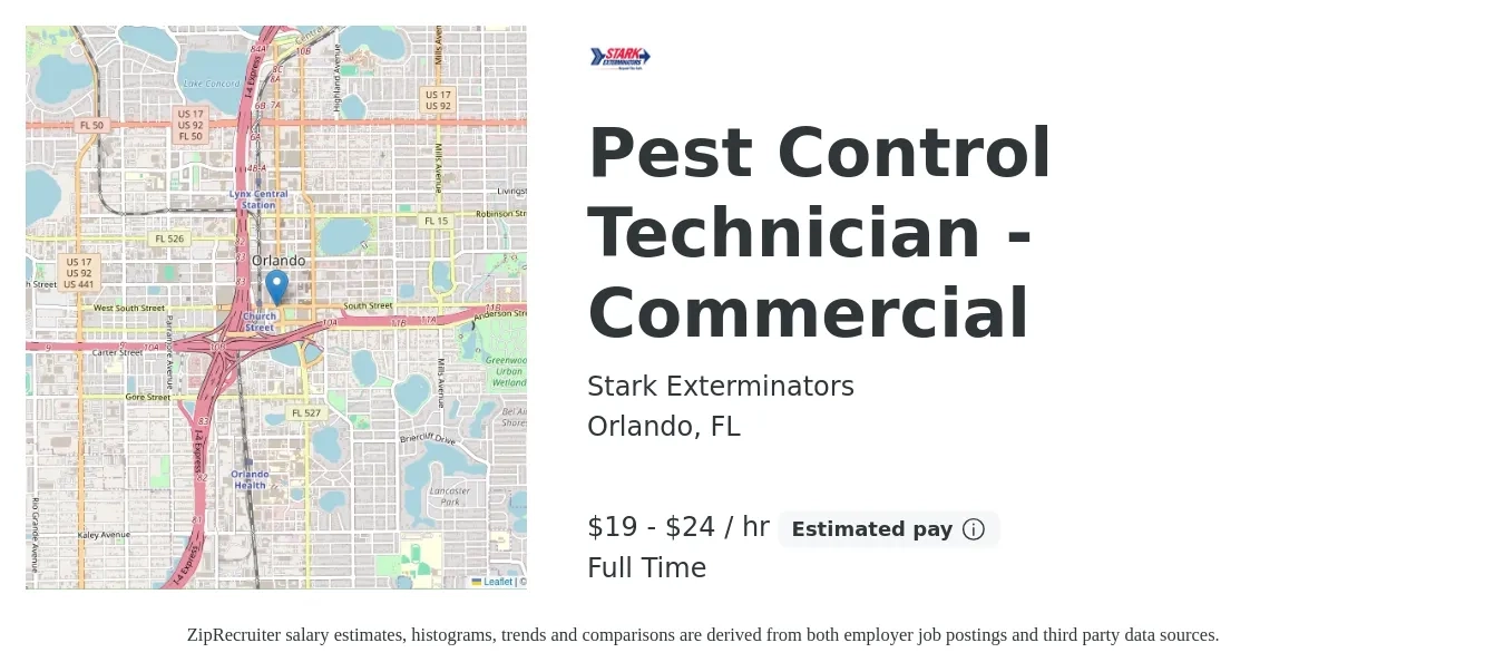 Stark Exterminators job posting for a Pest Control Technician - Commercial in Orlando, FL with a salary of $42,000 to $52,000 Yearly with a map of Orlando location.