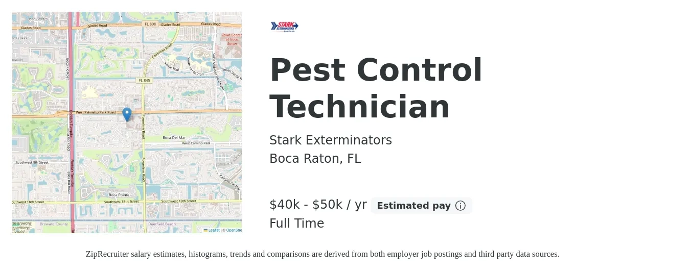 Stark Exterminators job posting for a Pest Control Technician in Boca Raton, FL with a salary of $40,000 to $50,000 Yearly with a map of Boca Raton location.