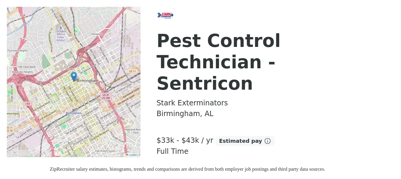 Stark Exterminators job posting for a Pest Control Technician - Sentricon in Birmingham, AL with a salary of $33,000 to $43,000 Yearly with a map of Birmingham location.