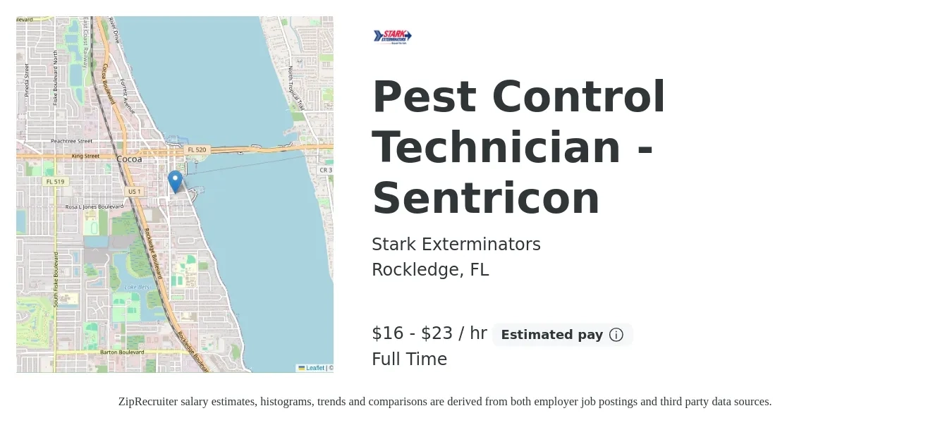 Stark Exterminators job posting for a Pest Control Technician - Sentricon in Rockledge, FL with a salary of $36,000 to $50,000 Yearly with a map of Rockledge location.
