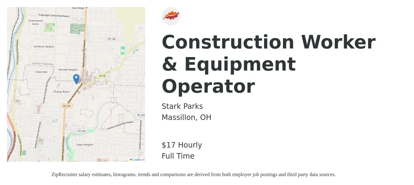 Stark Parks job posting for a Construction Worker & Equipment Operator in Massillon, OH with a salary of $18 Hourly with a map of Massillon location.