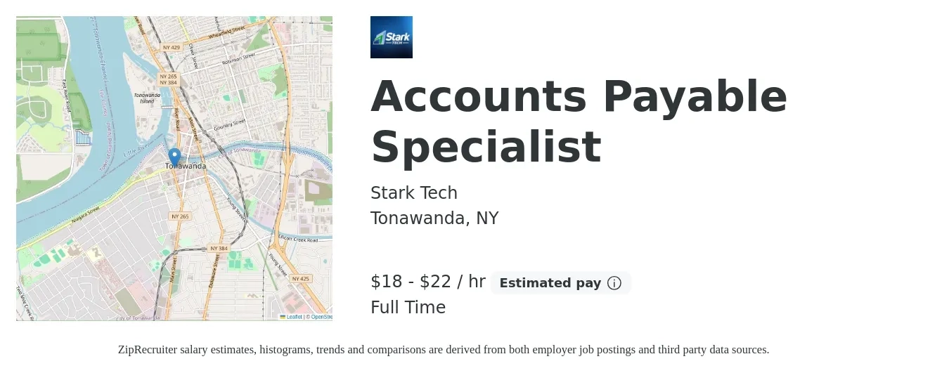 Stark Tech job posting for a Accounts Payable Specialist in Tonawanda, NY with a salary of $19 to $24 Hourly with a map of Tonawanda location.