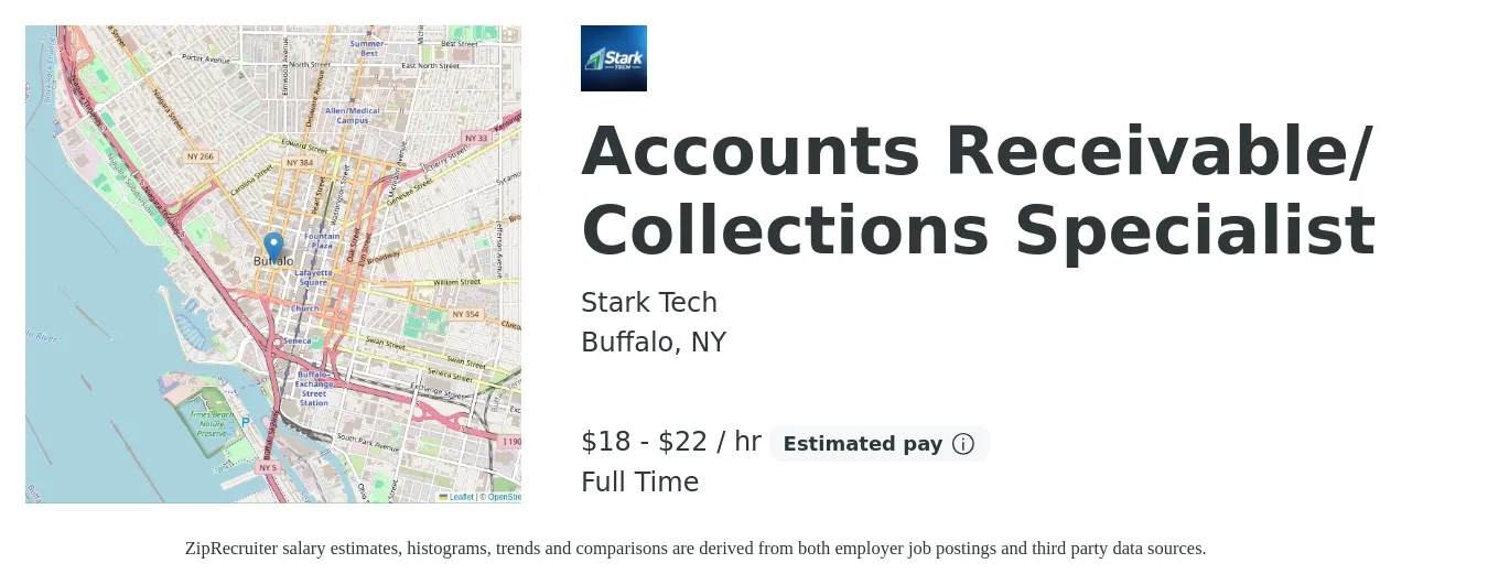 Stark Tech job posting for a Accounts Receivable/ Collections Specialist in Buffalo, NY with a salary of $19 to $24 Hourly with a map of Buffalo location.