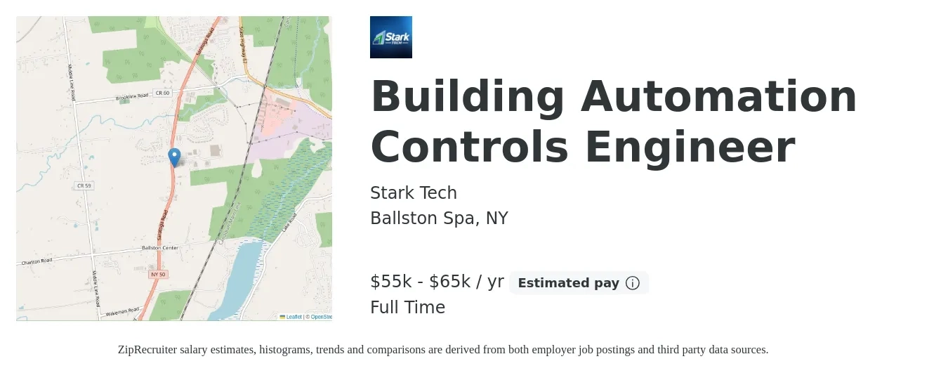 Stark Tech job posting for a Building Automation Controls Engineer in Ballston Spa, NY with a salary of $55,831 to $65,194 Yearly with a map of Ballston Spa location.