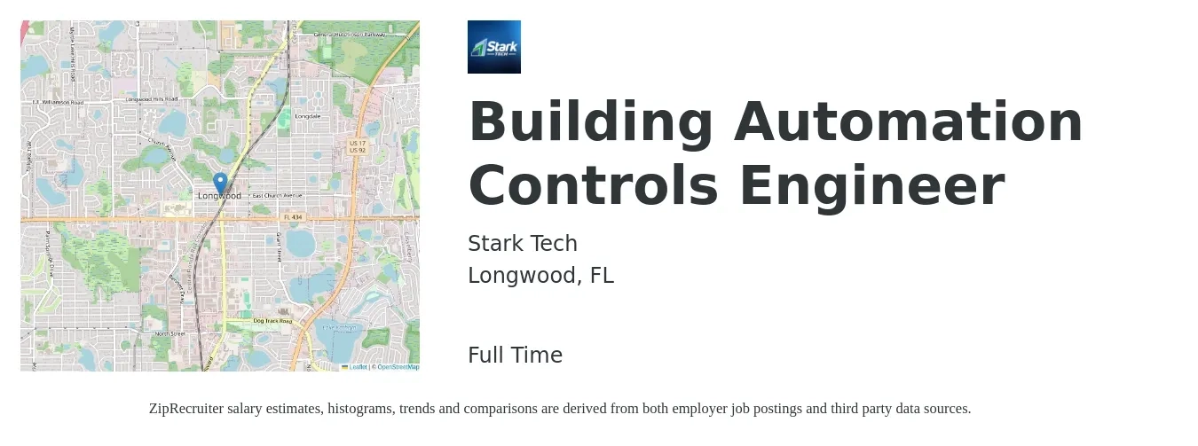 Stark Tech job posting for a Building Automation Controls Engineer in Longwood, FL with a salary of $72,600 to $96,000 Yearly with a map of Longwood location.