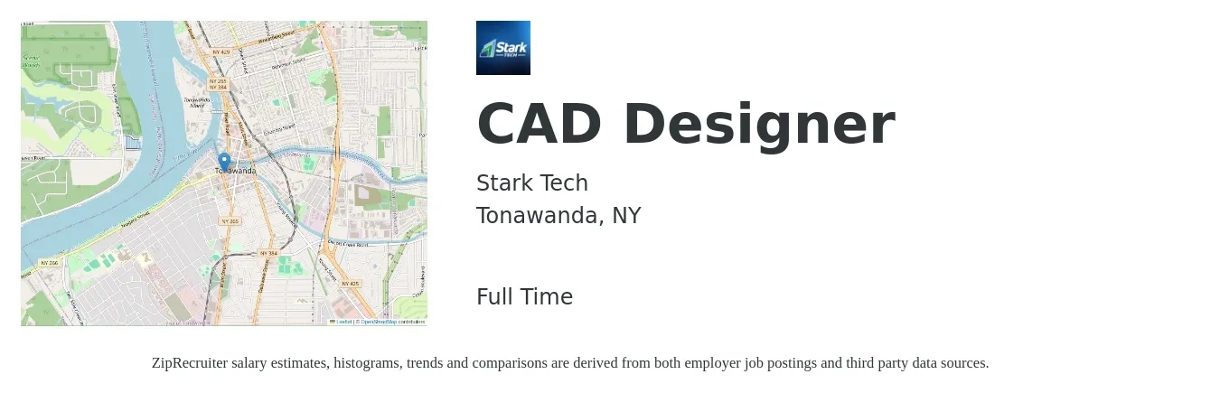 Stark Tech job posting for a CAD Designer in Tonawanda, NY with a salary of $28 to $34 Hourly with a map of Tonawanda location.