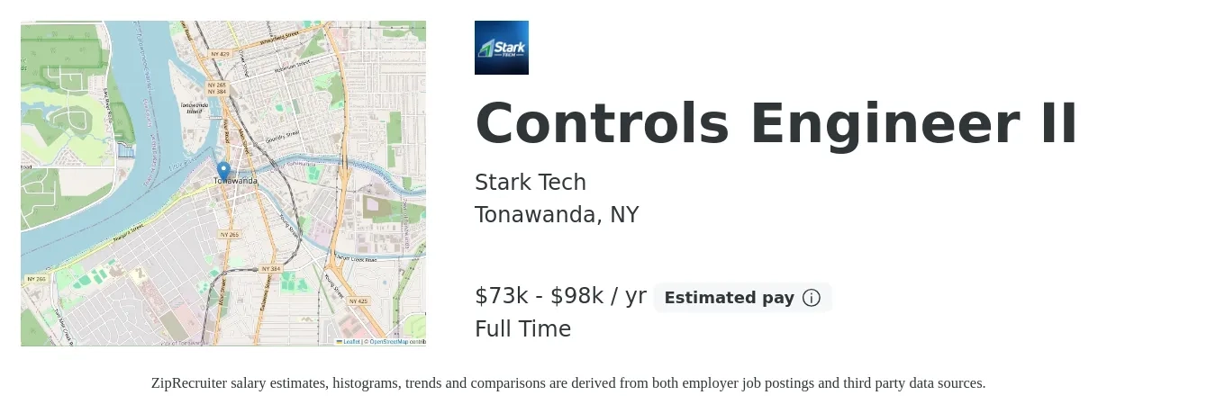 Stark Tech job posting for a Controls Engineer II in Tonawanda, NY with a salary of $73,902 to $98,536 Yearly with a map of Tonawanda location.