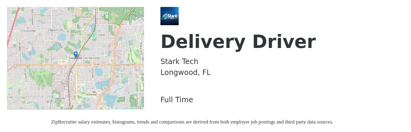 Stark Tech job posting for a Delivery Driver in Longwood, FL with a salary of $14 to $18 Hourly with a map of Longwood location.