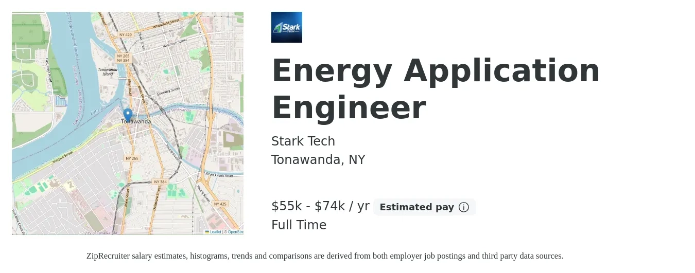 Stark Tech job posting for a Energy Application Engineer in Tonawanda, NY with a salary of $55,881 to $74,508 Yearly with a map of Tonawanda location.