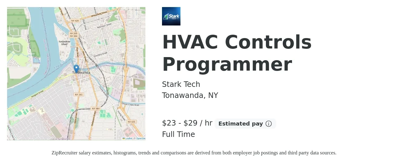 Stark Tech job posting for a HVAC Controls Programmer in Tonawanda, NY with a salary of $25 to $31 Hourly with a map of Tonawanda location.