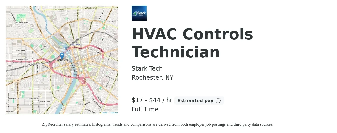 Stark Tech job posting for a HVAC Controls Technician in Rochester, NY with a salary of $18 to $46 Hourly with a map of Rochester location.