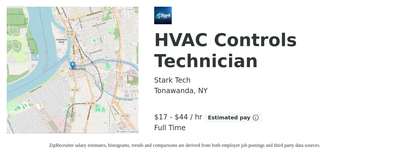 Stark Tech job posting for a HVAC Controls Technician in Tonawanda, NY with a salary of $18 to $46 Hourly with a map of Tonawanda location.