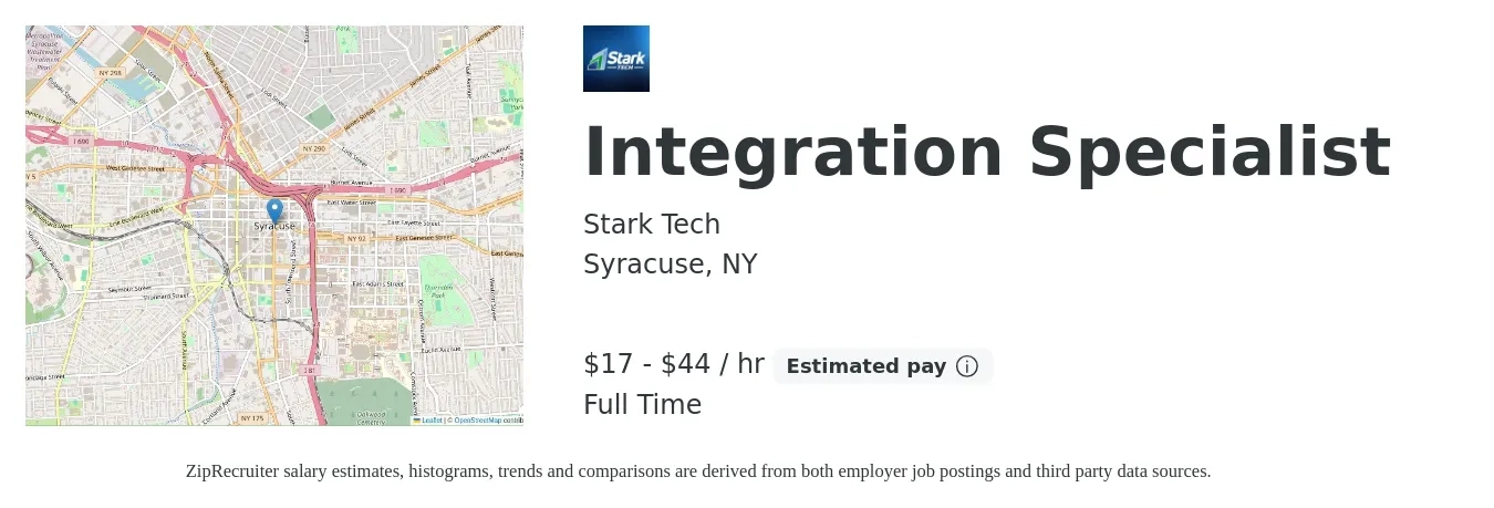 Stark Tech job posting for a Integration Specialist in Syracuse, NY with a salary of $18 to $46 Hourly with a map of Syracuse location.