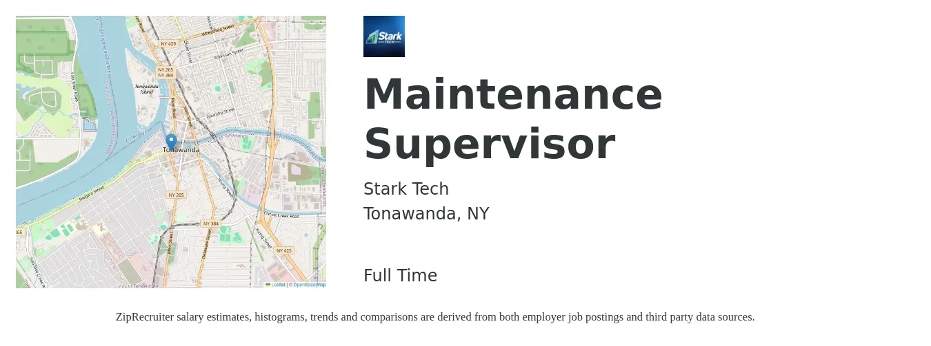 Stark Tech job posting for a Maintenance Supervisor in Tonawanda, NY with a salary of $64,263 to $96,395 Yearly with a map of Tonawanda location.