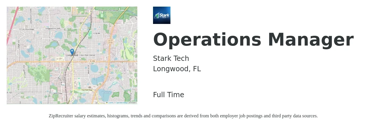 Stark Tech job posting for a Operations Manager in Longwood, FL with a salary of $35,600 to $67,300 Yearly with a map of Longwood location.