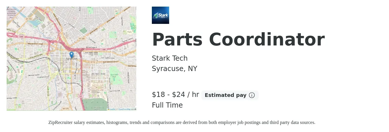 Stark Tech job posting for a Parts Coordinator in Syracuse, NY with a salary of $19 to $26 Hourly with a map of Syracuse location.