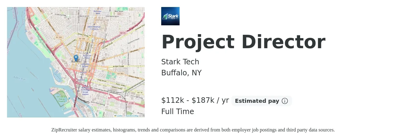 Stark Tech job posting for a Project Director in Buffalo, NY with a salary of $112,396 to $187,327 Yearly with a map of Buffalo location.