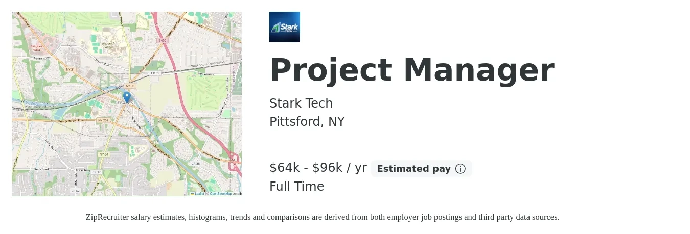 Stark Tech job posting for a Project Manager in Pittsford, NY with a salary of $64,263 to $96,395 Yearly with a map of Pittsford location.