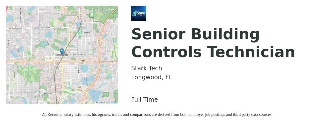 Stark Tech job posting for a Senior Building Controls Technician in Longwood, FL with a salary of $34 to $45 Hourly with a map of Longwood location.
