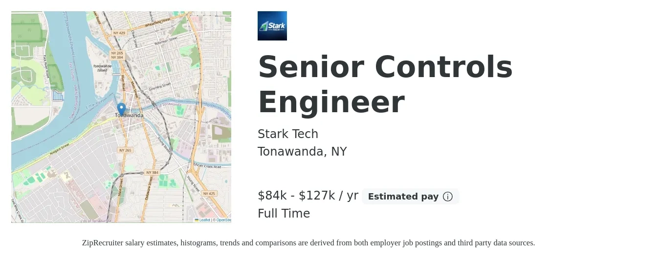Stark Tech job posting for a Senior Controls Engineer in Tonawanda, NY with a salary of $84,988 to $127,482 Yearly with a map of Tonawanda location.