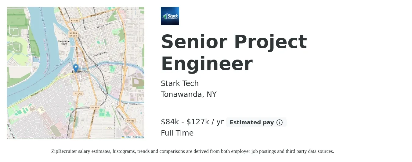 Stark Tech job posting for a Senior Project Engineer in Tonawanda, NY with a salary of $84,988 to $127,482 Yearly with a map of Tonawanda location.