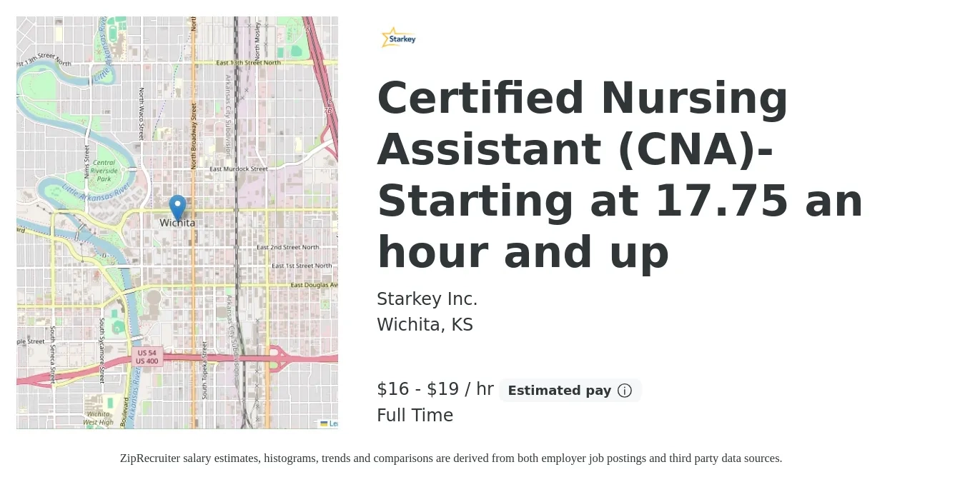Starkey Inc. job posting for a Certified Nursing Assistant (CNA)- Starting at 17.75 an hour and up in Wichita, KS with a salary of $17 to $20 Hourly with a map of Wichita location.