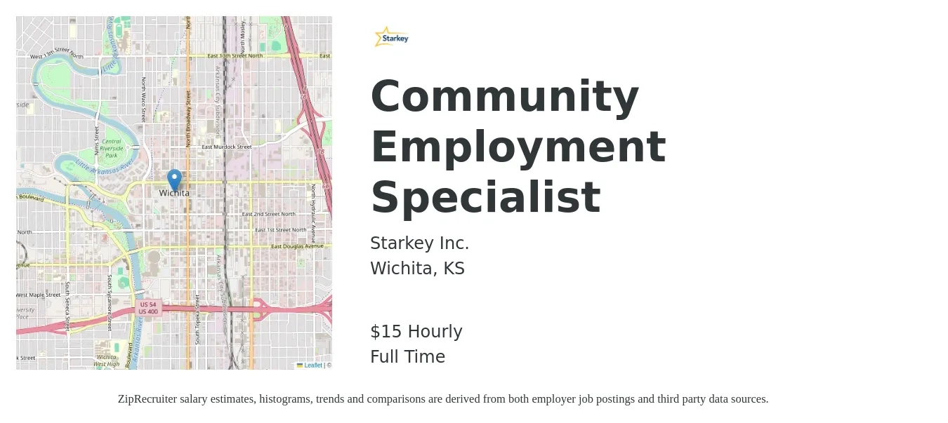 Starkey Inc. job posting for a Community Employment Specialist in Wichita, KS with a salary of $16 Hourly with a map of Wichita location.