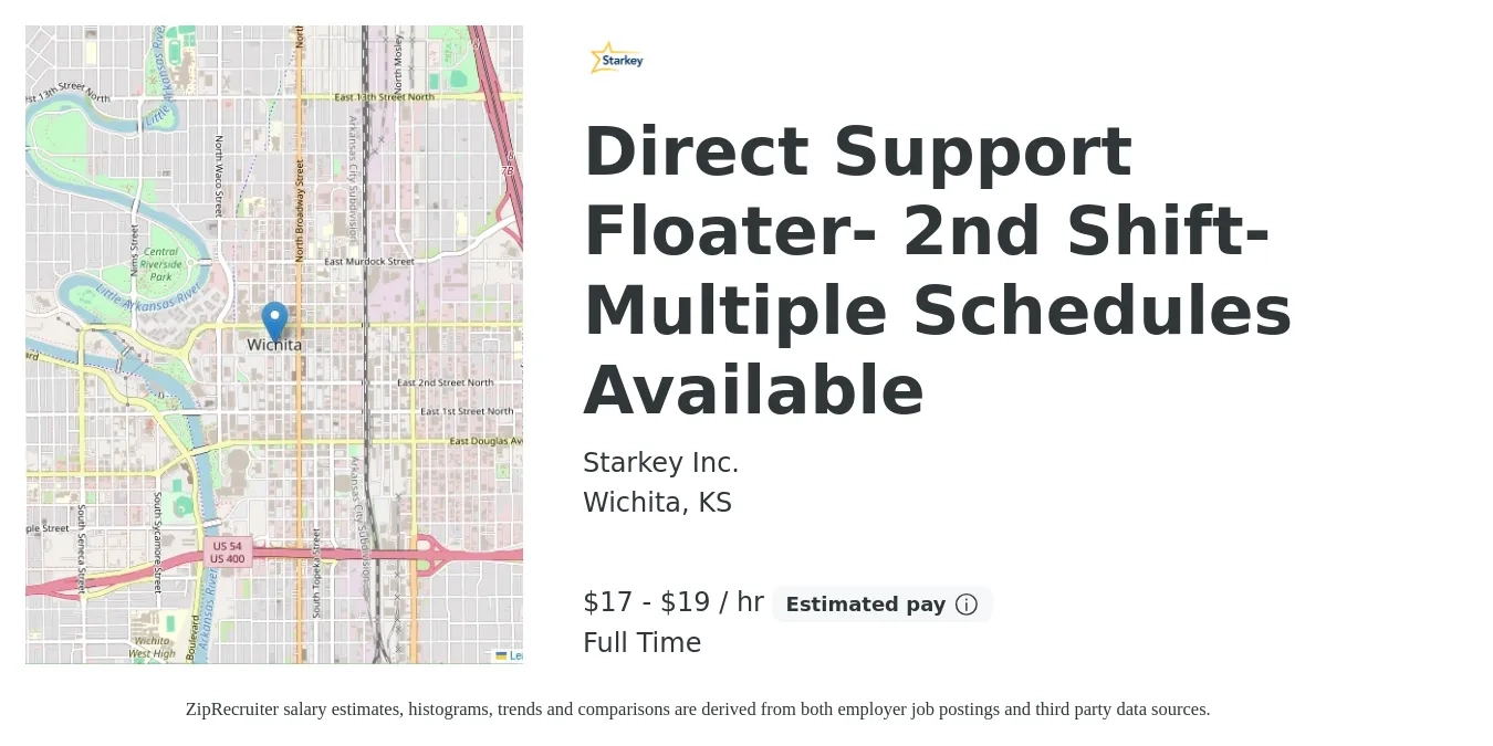 Starkey Inc. job posting for a Direct Support Floater- 2nd Shift-Multiple Schedules Available in Wichita, KS with a salary of $18 to $20 Hourly with a map of Wichita location.