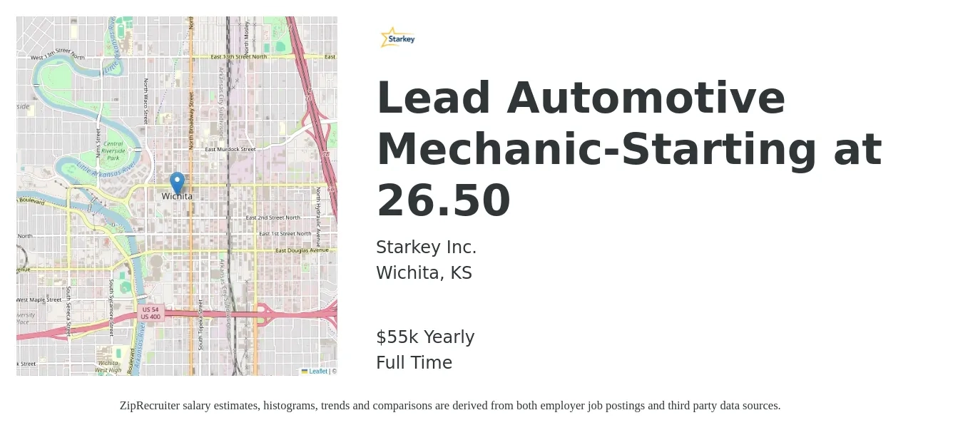 Starkey Inc. job posting for a Lead Automotive Mechanic-Starting at 26.50 in Wichita, KS with a salary of $55,000 Yearly with a map of Wichita location.