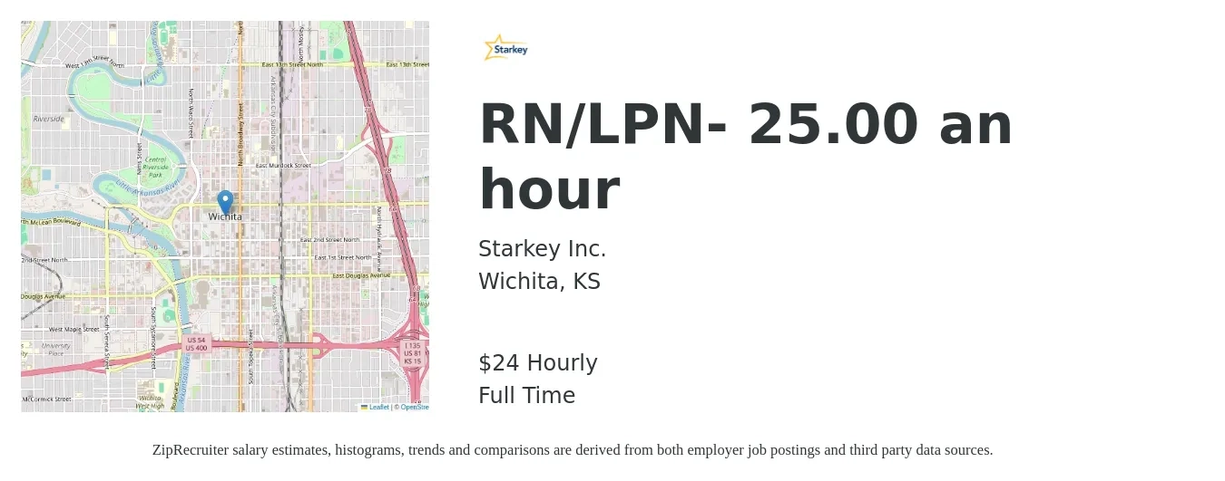 Starkey Inc. job posting for a RN/LPN- 25.00 an hour in Wichita, KS with a salary of $25 Hourly with a map of Wichita location.